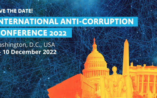 International Anti-Corruption Conference 2022 blue background orange illuminated collection of monuments.