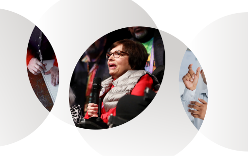 Three ovals with slivers of images centered. The first image is of a person reading braille, the center image is of Judy Heumann speaking, the third image is of someone using their hands to sign.