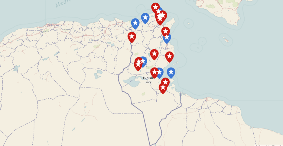 geographic map of Tunisia with location markers