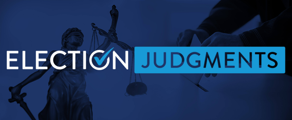 ElectionJudgments.org logo in color against a dark blue background with dark figures.