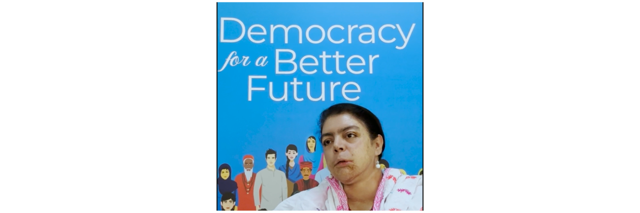 Still of Jannatul Ferdous with text that reads Democracy for a better future