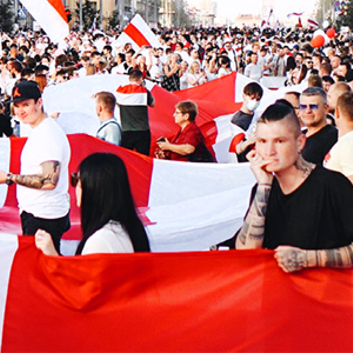 Belarusians participate in a demonstration.