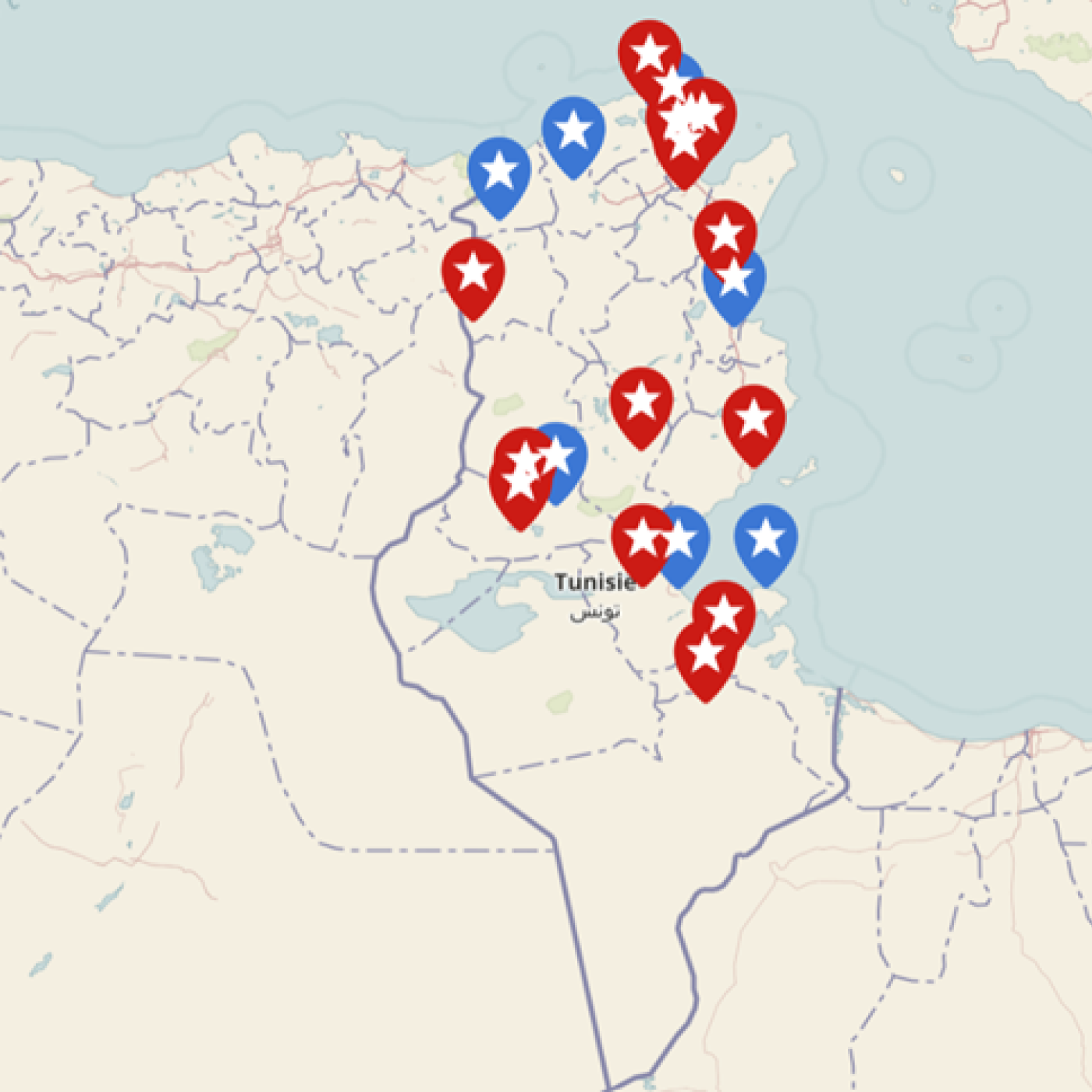 geographic map of Tunisia with location markers