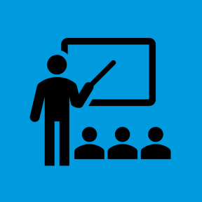 Icon of a person giving a presentation to audience on a blue background. 