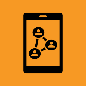 Icon of a cellphone with icons of people connecting on an orange background.