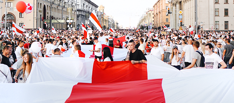 Belarusians participate in a demonstration.