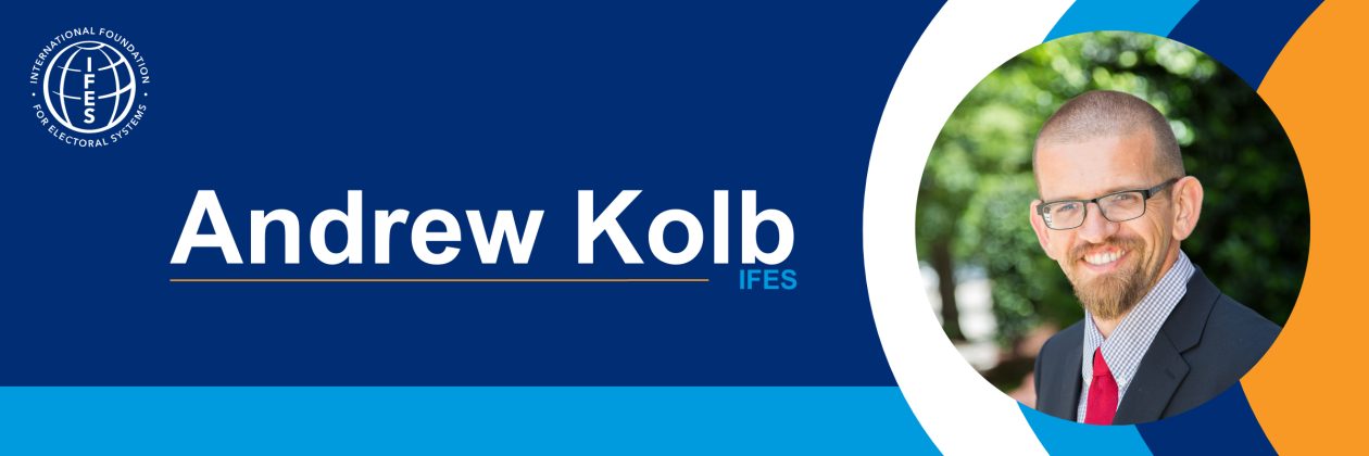 Graphic displaying dark blue, light blue, white and gold elements with white text reading "Andrew Kolb, IFES" and a headshot of a man on the far right.