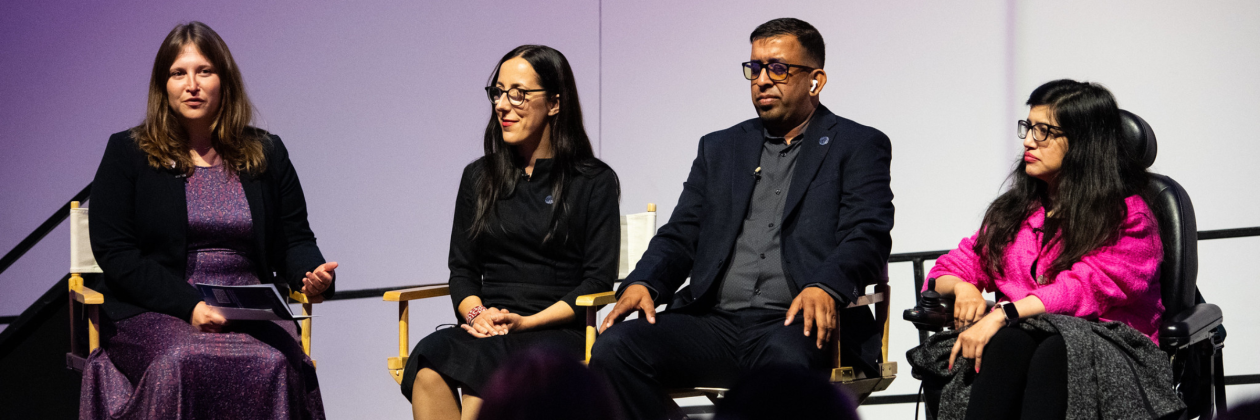 Virginia Atkinson, Yuliia Sachuk, Ganesh Singh, Abia Akram on stage at IFES Democracy Awards