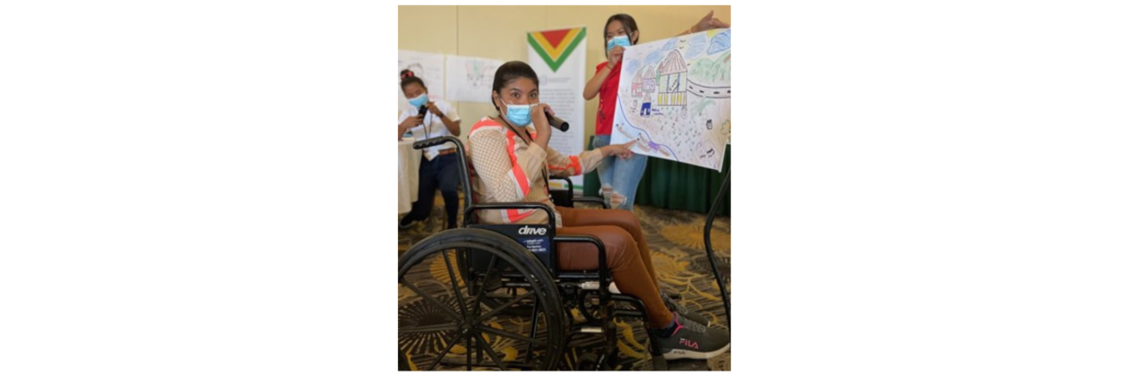 A young Indigenous woman with a disability presenting for her group during IFES’ Youth ALLIES Civic Education Training of Trainers in Guyana (March 2023).