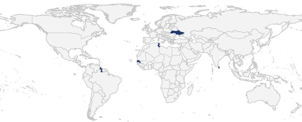 World Map with regions highlighted in blue. 