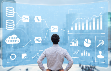 siness Analytics and Data Management System (DMS) giving key insights for corporate strategy. Concept with expert analyst building visualization with KPI and metrics from database information