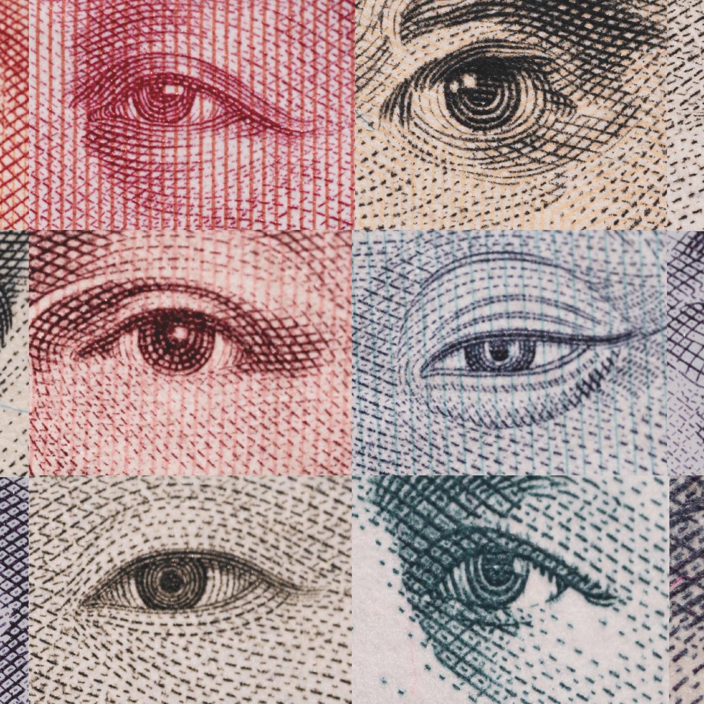 Close up of eyes from currencies