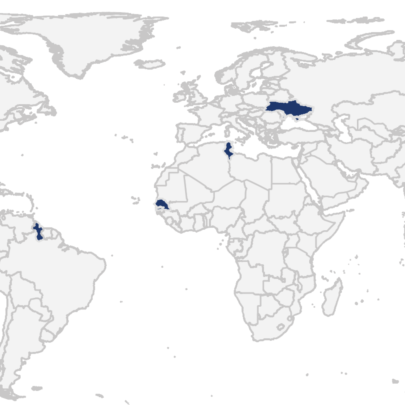 World Map with regions highlighted in blue. 